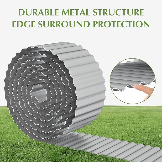 Metal Garden Edging Border, Corrugated Steel Landscaping, DIY for Lawn (Silver, 6 Inch x 10FT)