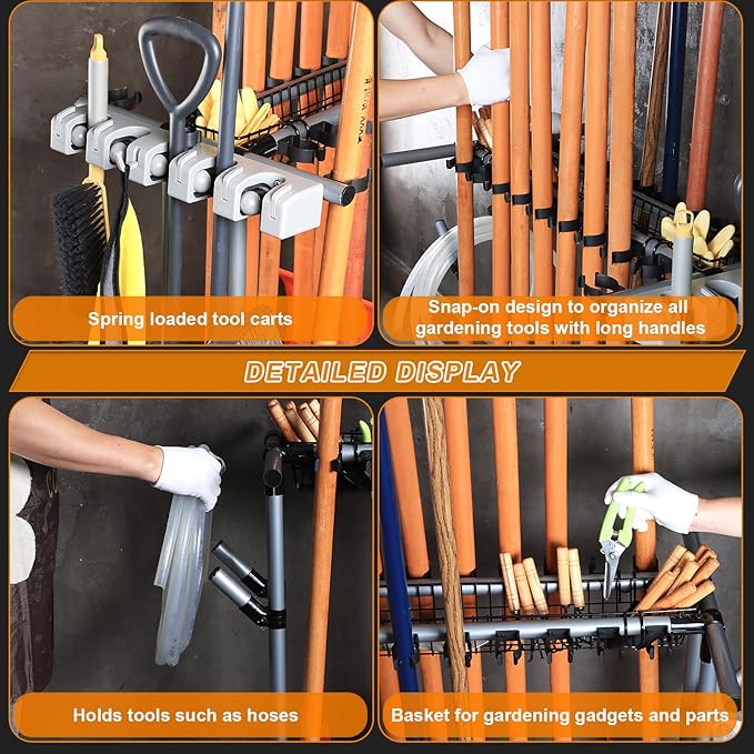 Garden Tool Storage Rack with Wheels Heavy-Duty Organizer for Garage, Yard, and Garden Tools