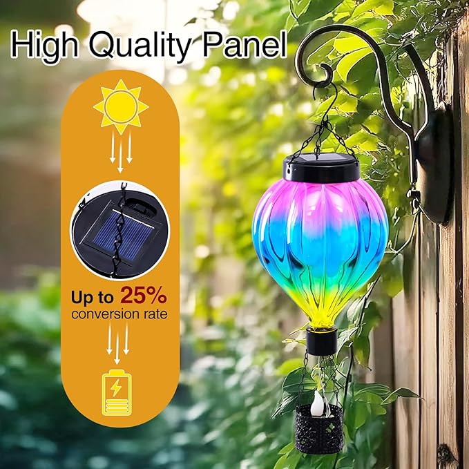 Hot Air Balloon Solar Lantern Outdoor Waterproof with Flickering Flame Gifts for Women Grandma Mom Glas Hanging Solar Lights Decorative for Outside Wall Front Porch Yard Garden Fence