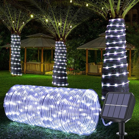 Solar Rope Lights, 66ft 200LED String, 8 Modes Waterproof Powered Outdoor, Flexible Clear Tube for Garden, Backyard, Patio, Deck, Porch, Pool, Tree Decorative - White