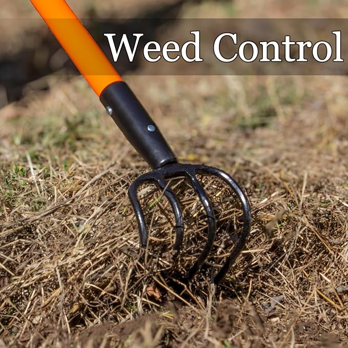 Cultivator for Gardening, 4 Tines Garden Cultivator with Fiberglass Handle, 58 Inches