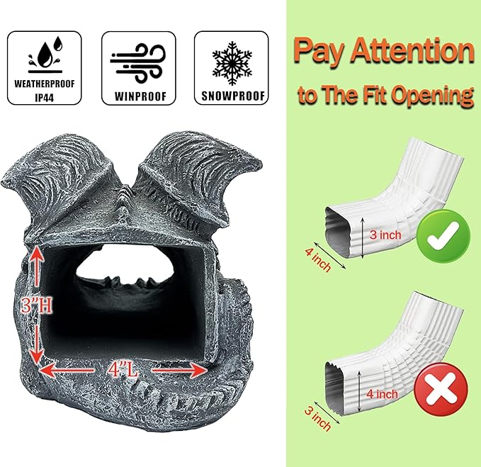 Gothic Gargoyle Statue Decor, Gutter Downspout Splash Block & Diverter, Lifelike Garden Rain Downspout Diverter, 3"x4" Decorative Gutter Extension, Outdoor Gargoyle Statues, Unique Home Accent