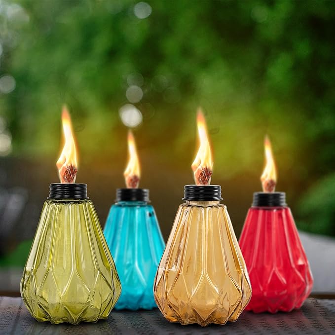 Deco Window Pack of 4 Table Torch for Indoor Outdoor Citronella Oil Tabletop Glass Lamp Landscape Multicolored Lantern with Fiberglass Wick & Cap for Garden Patio Yard Party Decor Light