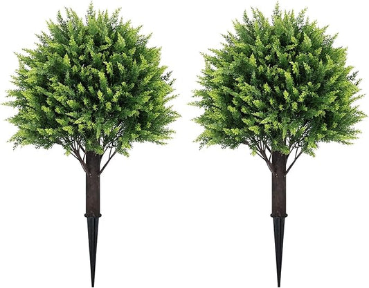 24" Artificial Cedar Topiary Ball Bushes, Set of 2 UV Resistant Fake Trees Outdoor Shrubs with Ground Spike, Weatherproof Faux Plants for Planter, Front Porch, Garden, Yard, Patio Decor