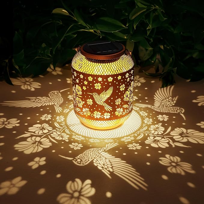 2 Pack Solar Lanterns Outdoor Waterproof Hummingbird Garden Decor Birthday Gifts for Women Mom Grandma Hanging Solar Lights Metal Decoration Outside for Yard, Patio, Backyard, Porch, Pathway