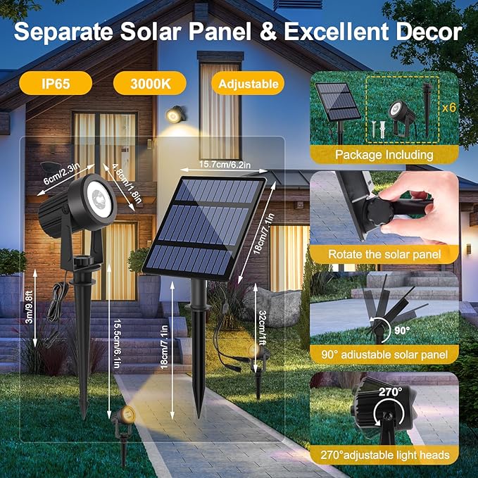 T-SUNUS 6-in-1 Solar Spot Lights for Outdoor Warm White 3000K Landscape Spotlight IP65 Waterproof Separated Panel Uplights with 9.8ft Cable Auto On/Off for Tree Yard Lawn House Driveway Pathway Pool