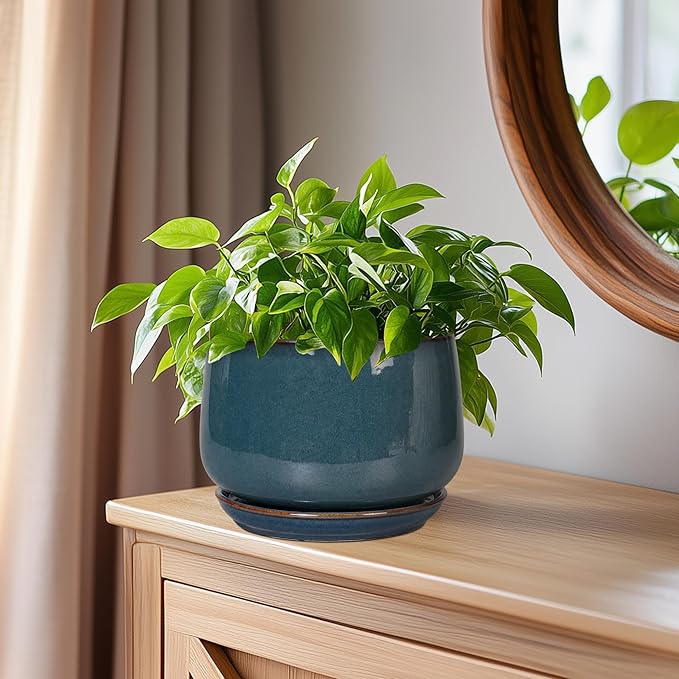 G EPGardening Ceramic Planter 6 Inch - Round Modern Ceramic Pot for Plants with Drainage and Plant Tray Indoor for Flower, Apartment Decor, Housewarming Gifts New Home, Retro Blue