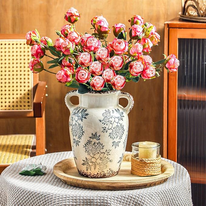 Enra Vintage vase with Handle,9.4 inch Blue and White Ceramic Decorative Flower vase, Chinoiserie Floral Vase,Large Rustic Vases for Home Decors, Living Room, Bookshelf, Office