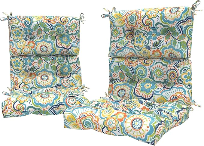 LVTXIII Outdoor Seat/Back Chair Cushion Patio Tufted High Back Cushion, Seasonal Replacement Rocking Chair Cushion with Ties (22” W x 20D”, Set of 2, Flower Blue)
