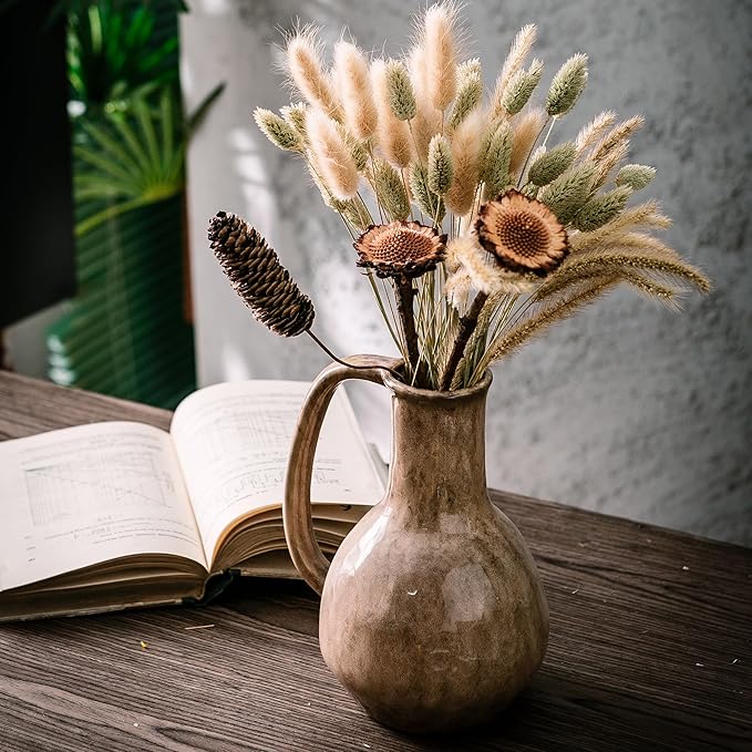 Brown Ceramic Vase with Big Handles, Modern Farmhouse Decor, Rustic Pottery for Flowers, Decorative Terracotta Centerpiece for Dining Table
