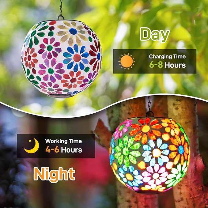 Colorful Solar Hanging Lanterns Glass Mosaic Gazing Ball Globe Hanging Lantern Lights Outdoor Waterproof for Patio Garden Yard Home Decor (Flowers)