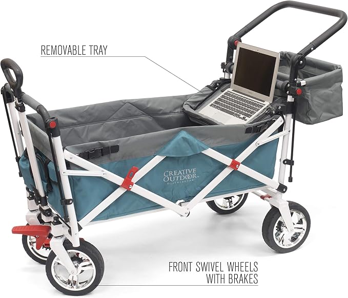 Creative Outdoor Wagon for Kids Push Pull Collapsible Stroller Folding Cart | Silver Series | Beach Park Garden & Tailgate | Teal