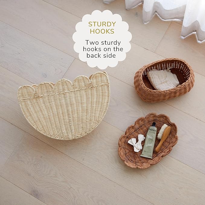 BEBE BASK Scalloped Wicker Wall Basket - The Original - Hand Woven Basket - Scalloped Décor Wall Hanging Baskets -16" x 10" x 7"In - Hanging Wall Basket (Natural)