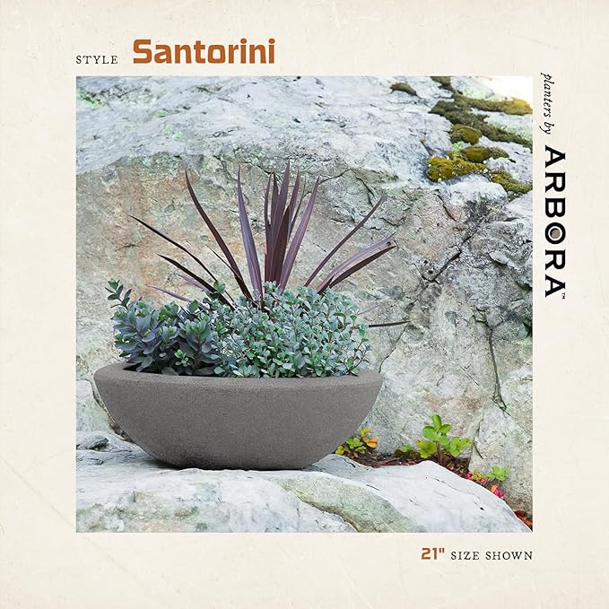 ARBORA 26" Santorini Bowl Polyresin Indoor and Outdoor Planter with Stone Blend Concrete Gray Finish - Durable, Weatherproof, Lightweight, Large Plant Pot for Patio, Garden, Deck, Entryway