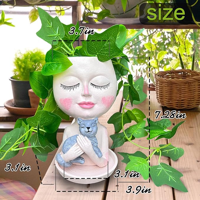 Head Planter with Drainage Hole, Resin Art Vase, Cute Lady Hugging Cat Succulent Flower Pots, Unique for Indoor Outdoor Decor, 7.28in