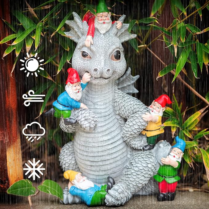 Dragon Gnome Statues Outdoor Decor, 13” Dinosaur Play with Gnomes Garden Statue, Outdoor Statue for All Season Lawn Decor, Garden Decoration, Gardening Gift