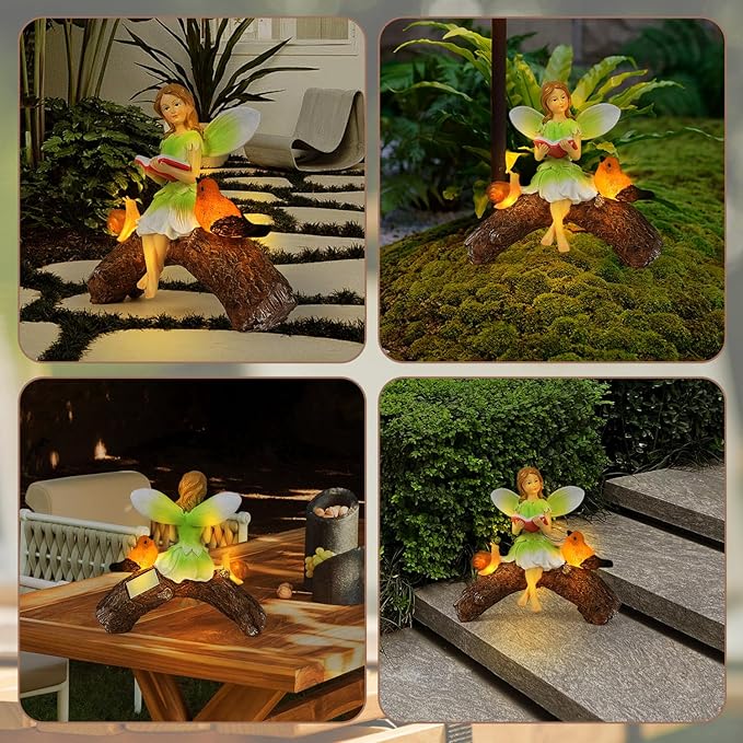 Garden Flower Fairy Statue Decor-Solar Outdoor Fairy Statues-Garden Fairy Outdoor Snail,Bird Figurines Decoration for Outside Patio Lawn Yard,Fairies Ornaments Gifts,Tall 8.4 Inches