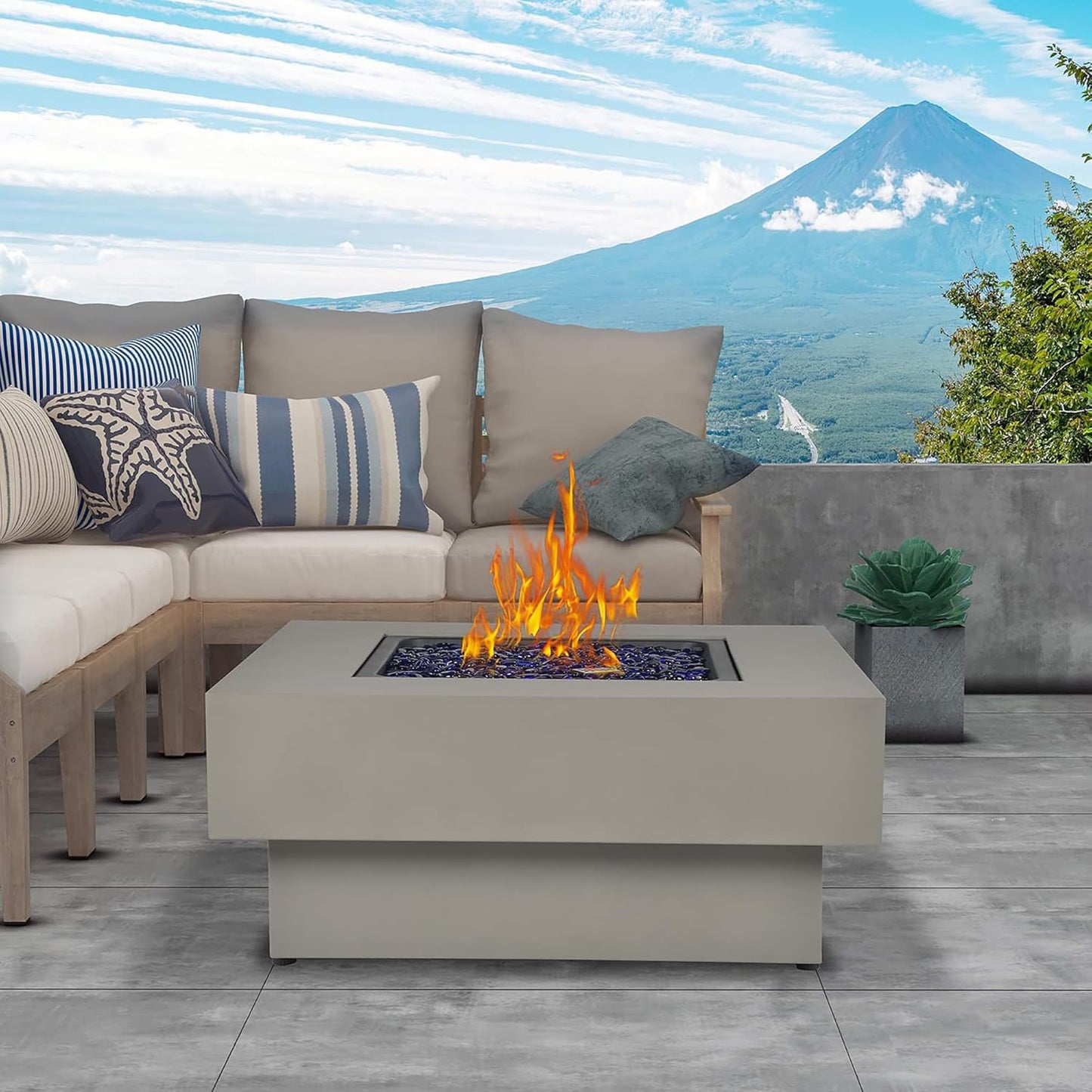 32.5-inch Fire Table with Natural Gas Conversion Kit, 50,000BTU Outdoor Modern Patio Fire Pit Table w/Square Burner Lid, Glass Rocks, Cover