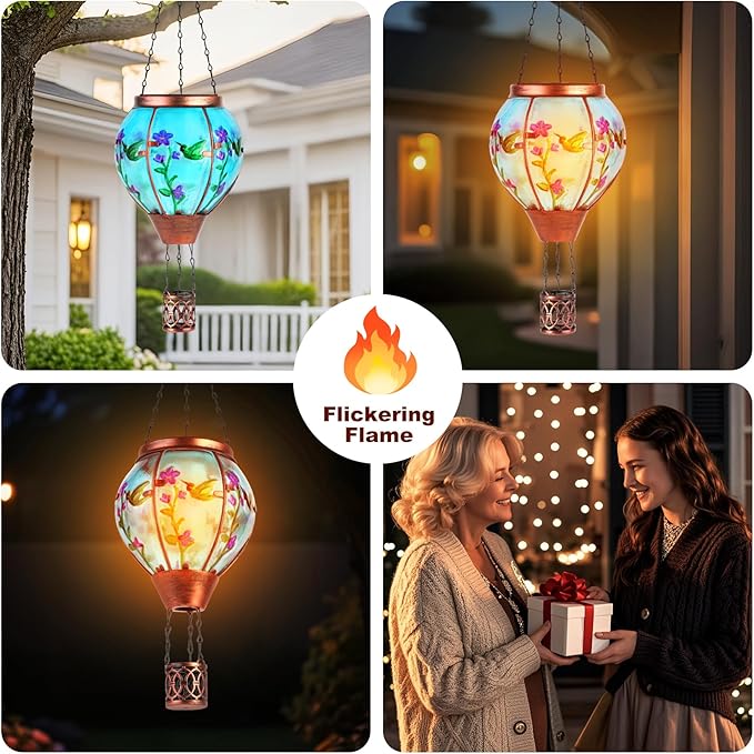 Hummingbird Solar Hot Air Balloon Lantern,Outdoor Decor with Flame Lights Waterproof, Hanging for Garden Yard Lawn Patio, Unique Gifts for Women Mom Grandma Gardener for Mother'Day Christmas