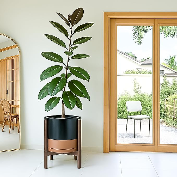 D'vine Dev Ceramic Planter with Walnut Color Stand - 12 Inch Modern Round Flower Pot with Wood Planter Holder, Black/Speckled Tan, 55-B-W-7