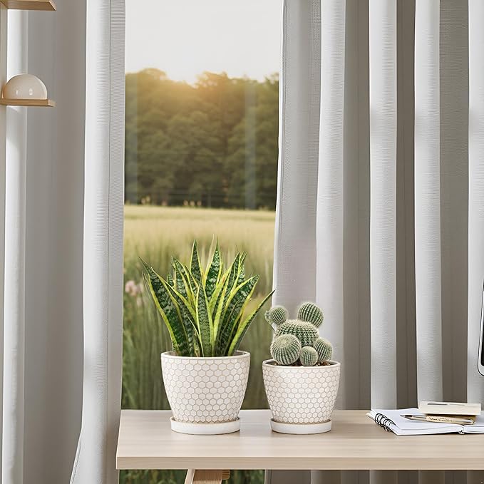 Docrin Ceramic Plant Pots Indoor, 6.6 + 5.5 Inch Flower Pots with Drainage Holes and Saucer for Plants, Set of 2, Milky White Honeycomb
