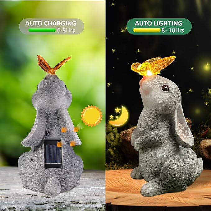 Bunny Outdoor Decor, Solar Rabbit Garden Statue, Cute Easter Gift Outside Lawn Ornaments for Patio Clearance Yard Porch, Housewarming Gift to Mom Women Birthday Mother's Day