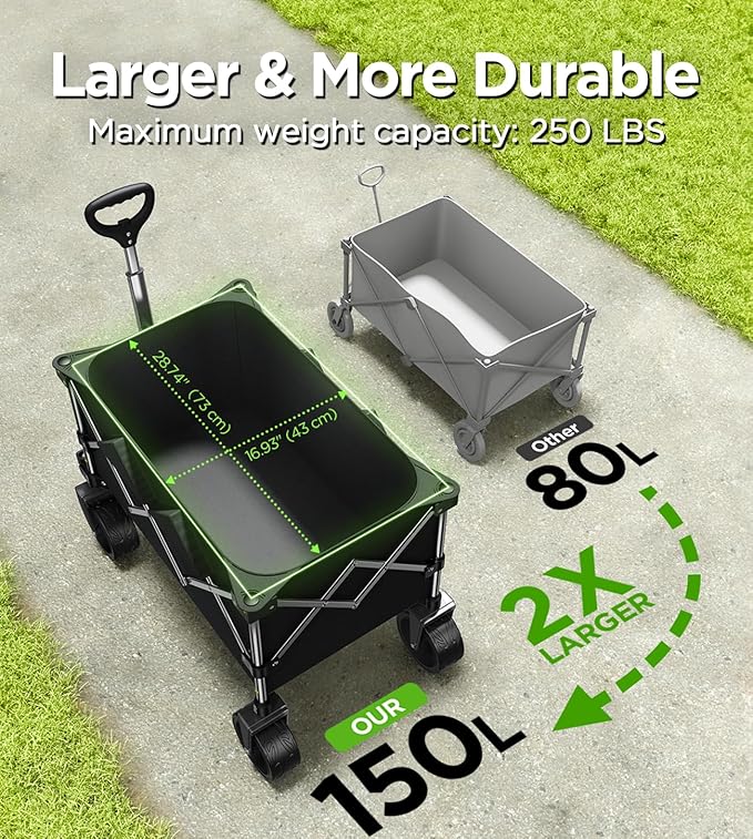 Beach Wagon,Collapsible Wagon 220lbs with Big Wheels FoldableWagon Carts,Portable Utility for Garden Grocery Sports Camping All Terrain-Black
