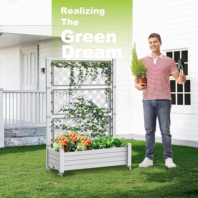 Elevated Raised Garden Bed with Trellis,Outdoor Large Resin Patio Planter Box Stand Divisible with Drain Plug,Water Monitor for Plants Vegetables Flowers Fruits (Ashen, 43.43 * 18.27 * 64.29)