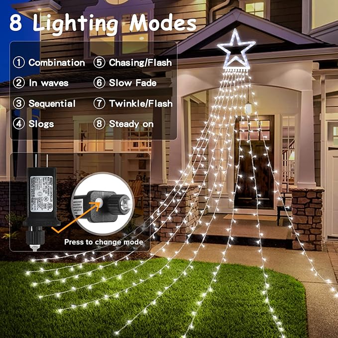 BlcTec Outdoor 317 LED Waterfall Tree Lights, 9 Strands with Timer - 8 Modes, Waterproof Christmas Lights for Garden, Patio, Yard Decor - Cool White