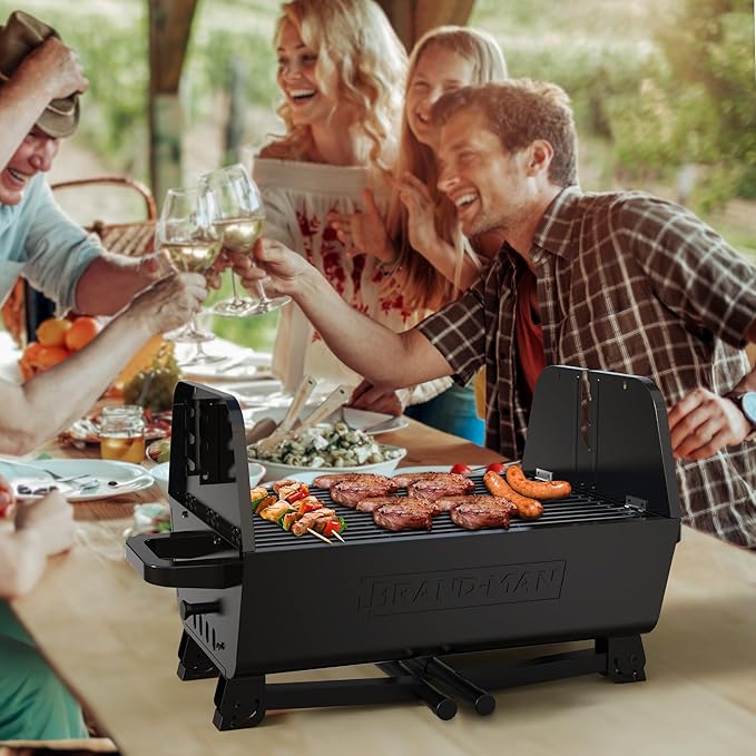Brand‑Man 2‑in‑1 Charcoal BBQ Grill with Motorized Rotisserie – Portable, Foldable Grill, 257 sq in Outdoor BBQ Grill for Camping & Tailgate, Adjustable Height, Dual Vents