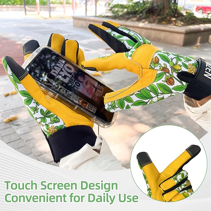 Cowhide Leather Thorn Proof & Puncture Resistant Gardening Gloves for Women, Touchscreen Compatible Working Gloves for Weeding, Digging, Planting, Gardening Gifts for Women (Green bellflowers, Medium)