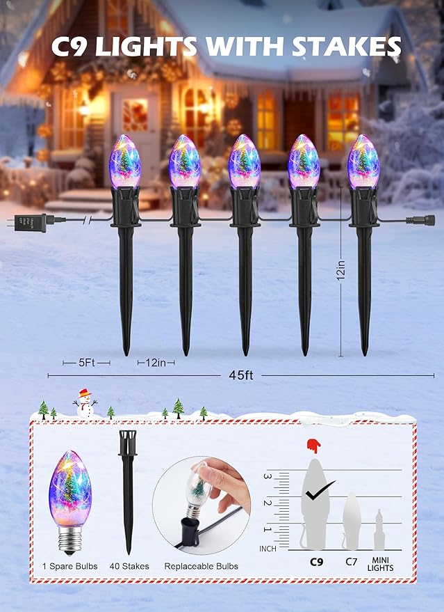 C9 Christmas Pathway Lights Outdoor, 45FT 40 LED Christmas String Lights with Stakes, 4 Light Modes, Waterproof Connectable Christmas Decorations for Outside Lawn Yard Sidewalk Driveway, Multicolor