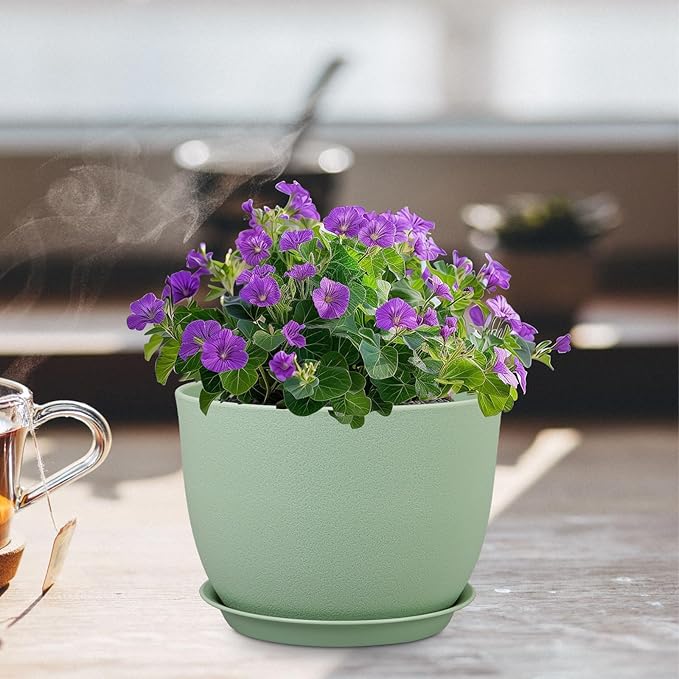 12 inch Big Plant Pots, Plastic Planters with Drainage Holes and Trays, Flower Pots for Indoor Outdoor Plants, Modern Decorative Pots for Garden House Plants, Green