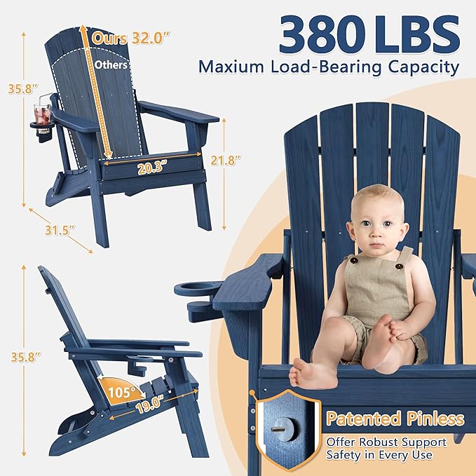 Folding Adirondack Chair with Cup Holder, HDPE All Weather Resistant Plastic Outdoor Patio Chairs, Heavy Duty Fire Pit Seating for Backyard Lawn Garden, Wooden Textured Design(Navy Blue)