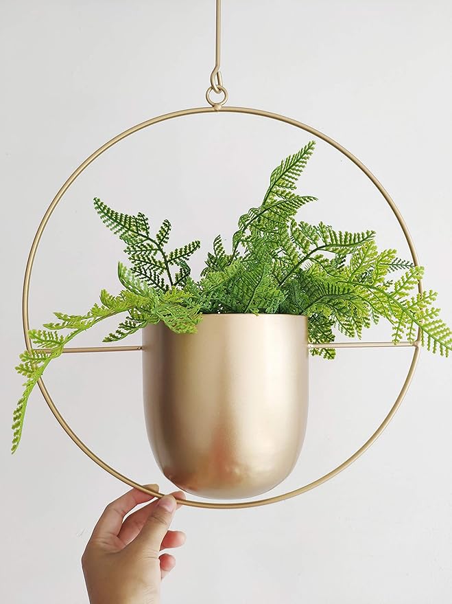 Boho Gold Metal Plant Hanger,Metal Wall and Ceiling Hanging Planter, Modern Planter, Mid Century Flower Pot Plant Holder, Minimalist Planter for Indoor Outdoor Home Decor