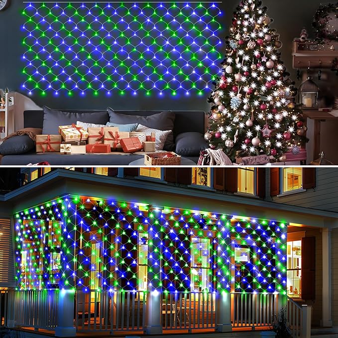 KNONEW 2-Pack 360 LEDs Christmas Net Lights 13ft x 9.8ft Outdoor Mesh Lights Connectable Waterproof 8 Modes & Timer Plug-in Net Fairy Lights for Bushes Garden Party Wedding Holiday,Blue and Green