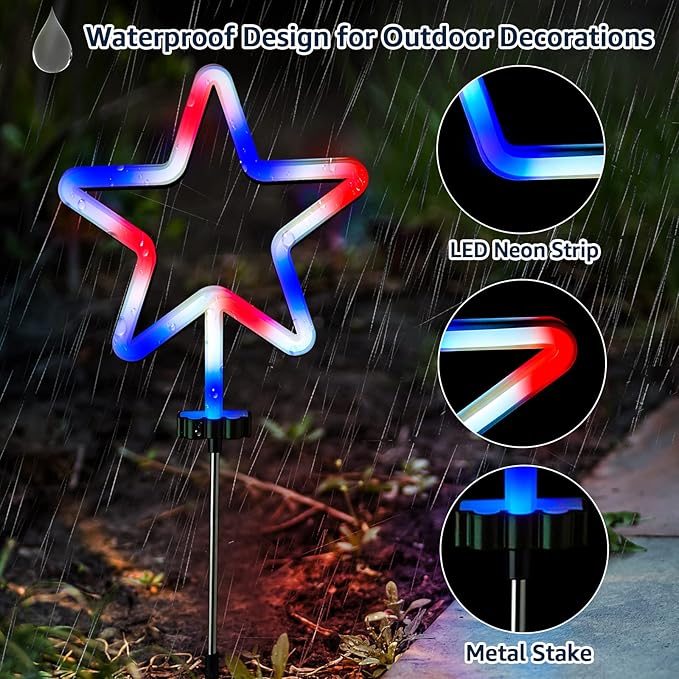 BlcTec 4th of July Decorations, 4PCS Red White and Blue Lights with Stainless Steel Stakes, 4 Big LED Neon Stars Patriotic Lights with Waterproof for Independence Day Garden Yard Lawn Decor, Plug in