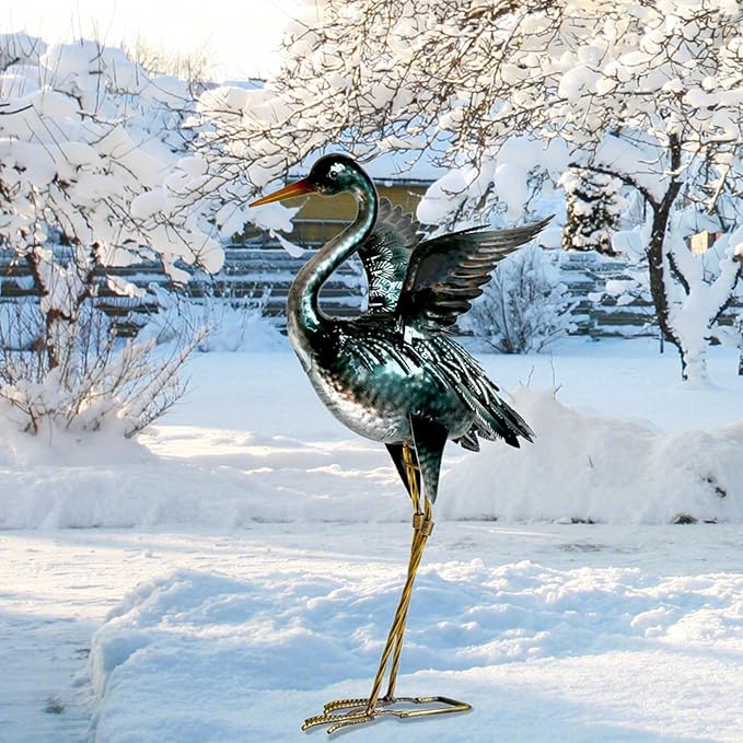 chisheen Crane Garden Statue Sculpture, Metal Heron Outdoor Decor, Yard Art Bird Decoy for Backyard Pond Patio Porch Lawn Decorations