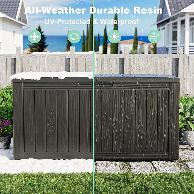 DRATO 75 Gallon Deck Box, Waterproof Resin Large Outdoor Storgae Box for Patio Furniture, Patio Cushions, Gardening Tools, Pool and Sports Supplies, Lockable