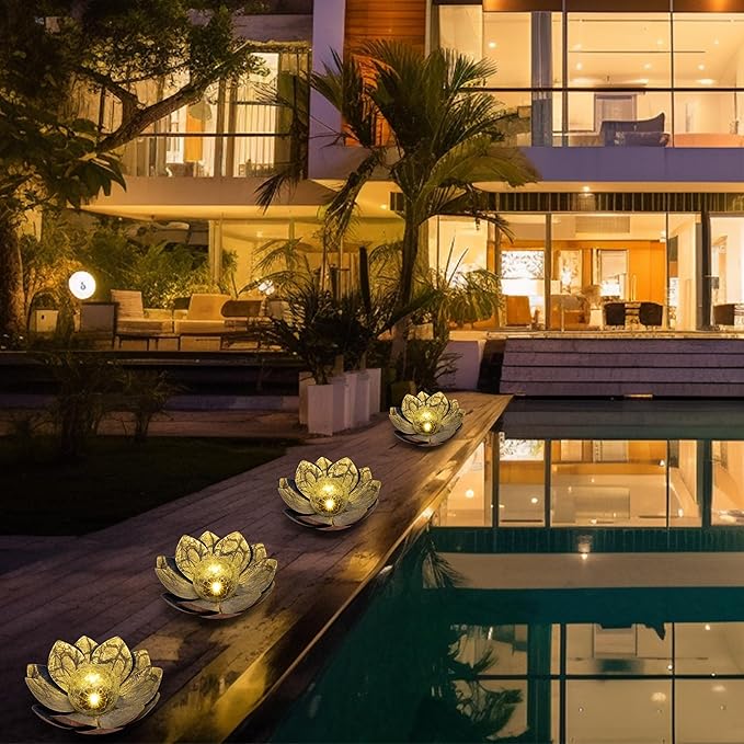 HPC Decor Solar Lights Outdoor Garden Decor - Art Crackle Globe Glass Lotus Decoration, Waterproof LED Metal Flower Lights for Outdoor Decor on Patio,Lawn,Walkway,Table,Perfect Gifts (Gray,11in)