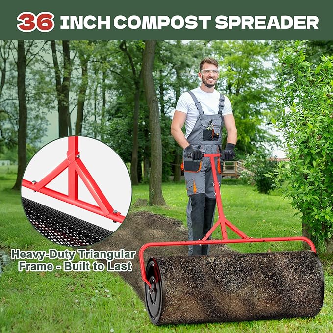 Compost Peat Moss Spreader for Lawn, 36 Inch Compost Roller Spreader with Adjustable T-Shaped Handle, Upgraded Side Clasps, Durable Lightweight Metal Roller, Lawn Garden Yard Care