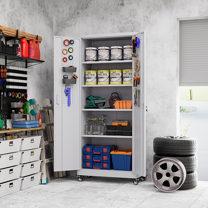 73" H Metal Garage Storage Cabinet with Wheels & Pegboard,Rolling Tool Cabinet with 2 Doors and 4 Shelves for Garage,Home,Office,Warehouse,Workshop, Required-Assembly,White