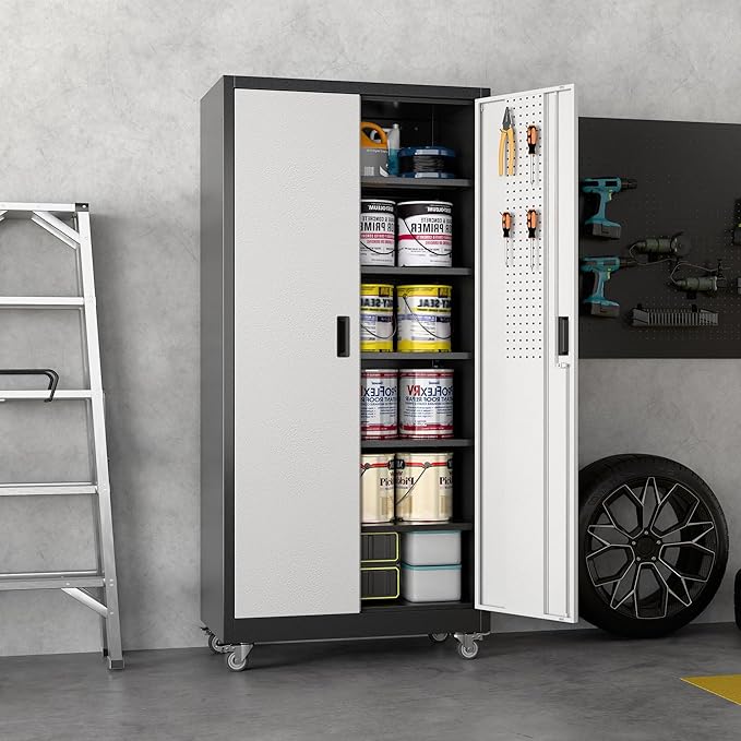 Metal Garage Storage Cabinet with Wheels & Pegboard, Lockable Metal Storage Cabinets with 2 Doors&5 Adjustable Shelves for Garage&Home,Assembly Required,Black Gray 71''H x32''W x16''D