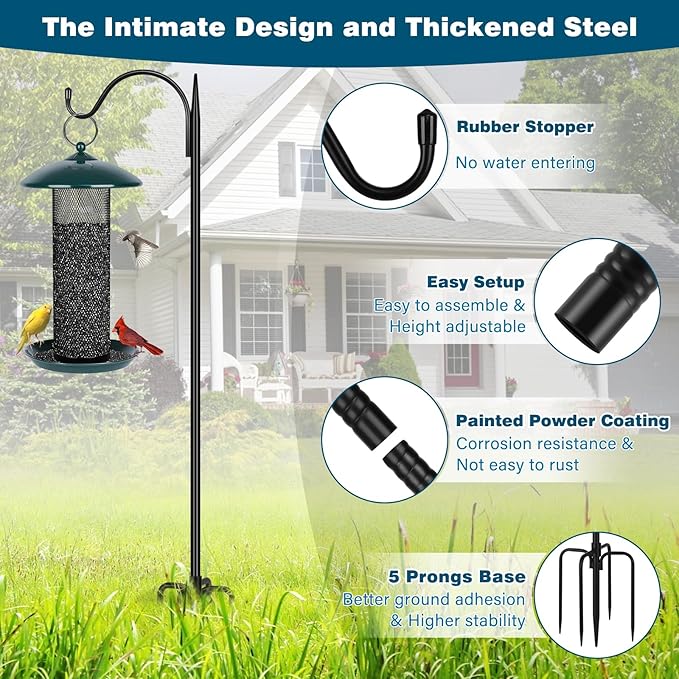 Gtongoko Adjustable 47 inch Shepherds Hooks for Outdoor Bird Feeder with 5 Prongs, Bird Feeder Pole Garden Hooks for Hanging Lanterns, Plants Baskets, Hummingbird Feeders, 2 Pack