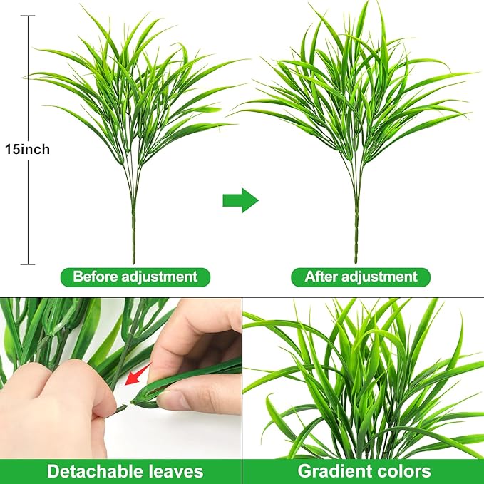 Ouddy Decor 16 Bundles Artificial Plants Outdoor Fake Grass Greenery Stems UV Resistant Faux Plastic Shrubs for Spring Summer Garden Pathway Window Box Front Porch Home Decor, Green