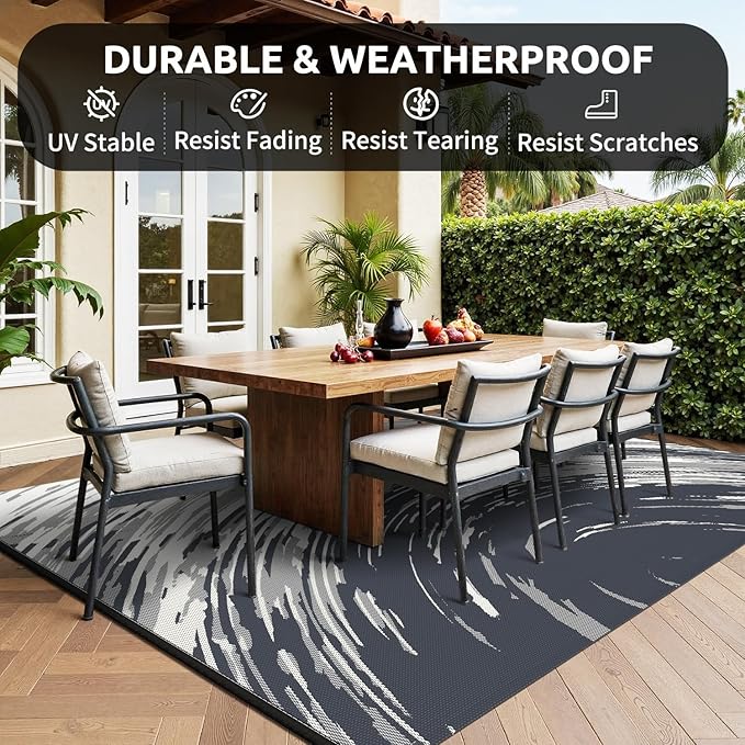 COCOER Modern Outdoor Rug 9x12 Reversible-Waterproof Outdoor Patio Rug-Quick Dry Outdoor Area Rugs Indoor Outdoor Rugs-Outside Rug Patio Decor for Porch Deck Balcony Backyard