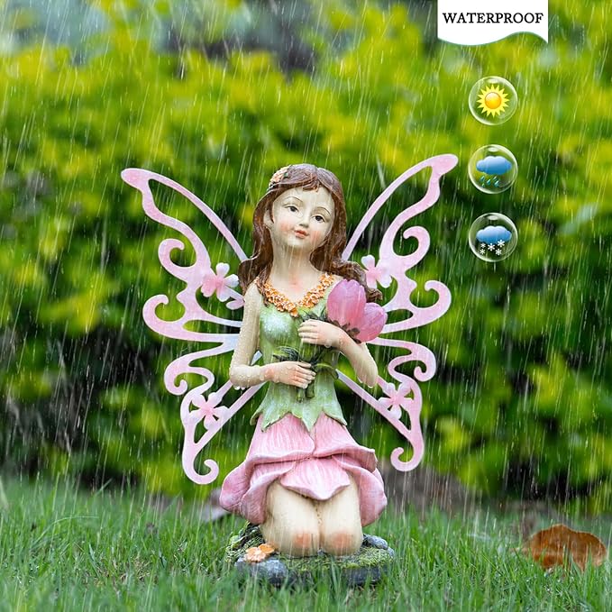 Fairy Decor, Solar Outdoor Statue, Accessories for Fairy Garden Gifts - Resin Figurine for Patio Yard Lawn, Size 8.35 x 4.92 x 10.82 inches