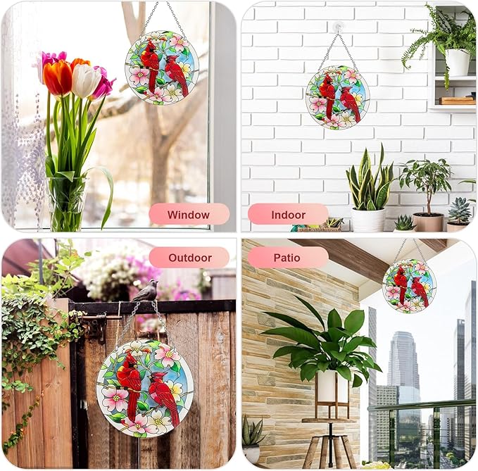 Cardinal Suncatcher Stained Glass, Cardinal Gifts for Women, Stained Glass Window Hanging - Red Birds Suncatchers for Windows, American Glass Hanging, Hand Painted Glass for Birds Lover (6inch)