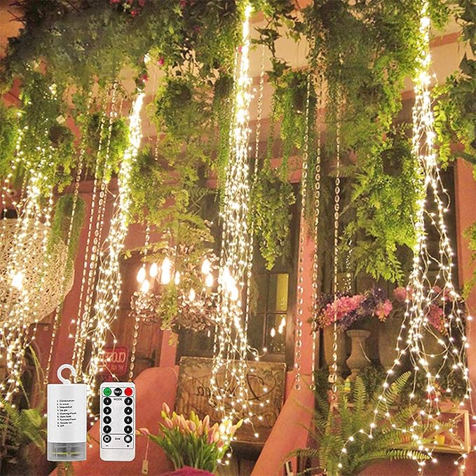 220 LED Firefly Bunch Lights Battery Operated, 8 Flashing Modes Waterproof Copper Wire Waterfall Lights, Remote Controlled Timer and Hooks, Fairy Lights for Indoor Outdoor Decor (Warm White)