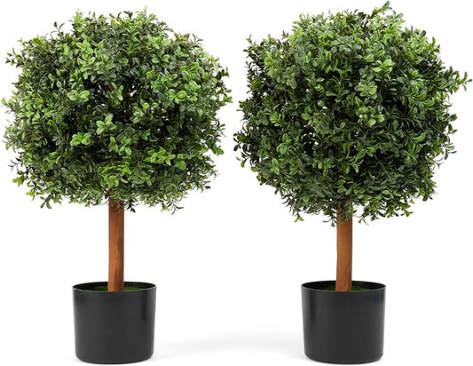 Premium 14" Diameter Artificial Boxwood Topiary – Set of 2 Faux Plants in Black Decorative Planters – UV-Resistant, Weatherproof, Realistic Outdoor & Indoor Greenery Accent